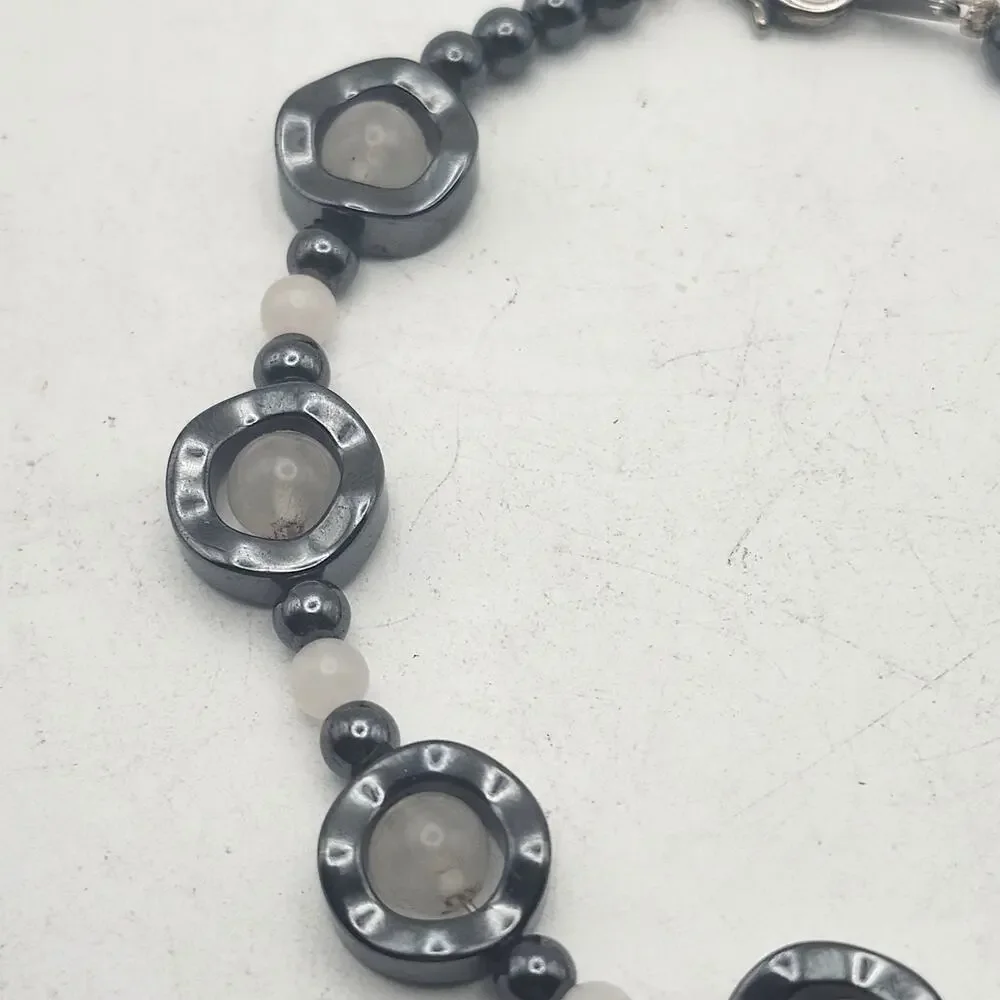 Smoky Quartz Hematite White Beaded Bracelet Black Gray Gemstone Clasp 7.5 Inch